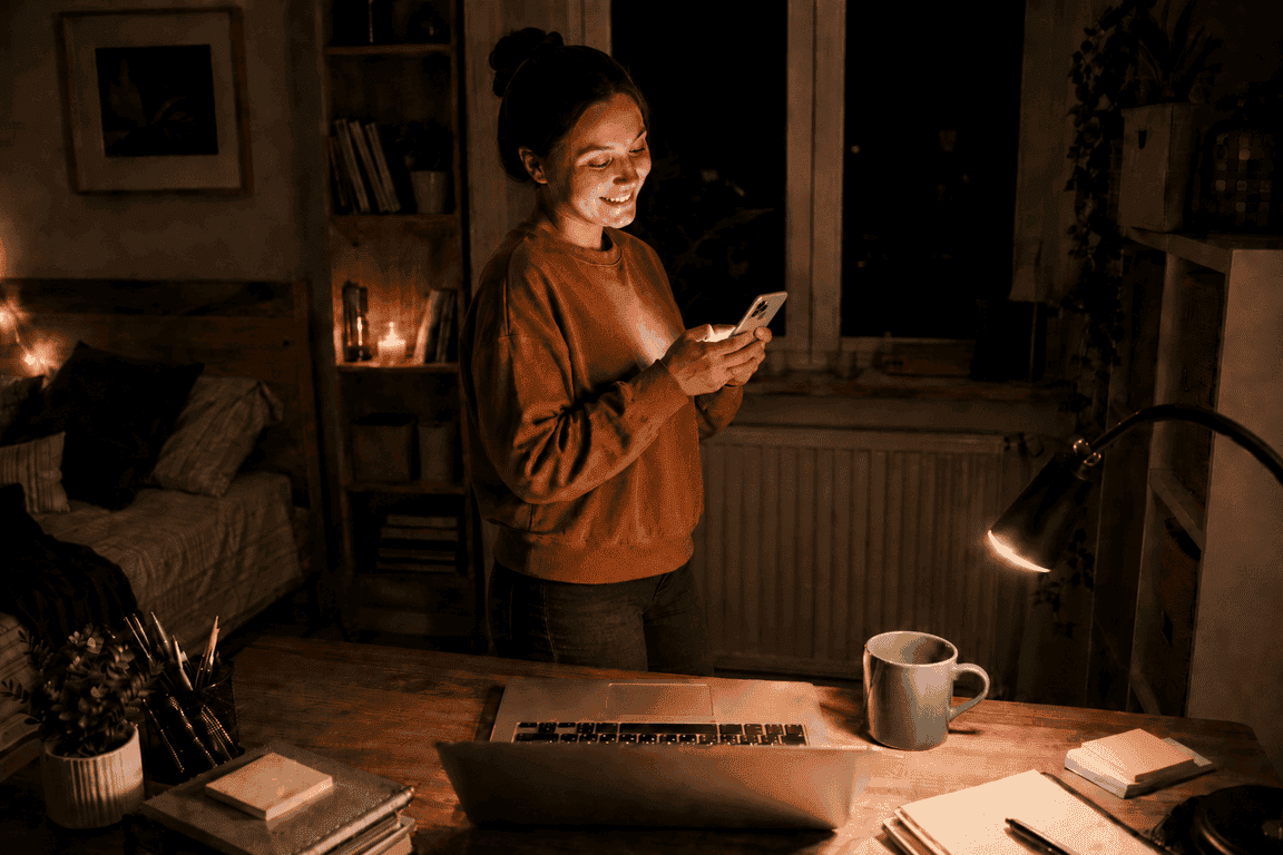 A creator checking her phone beside a laptop in a warm home office.