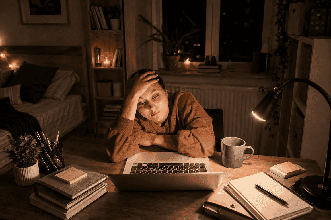 A tired creator sitting at a laptop while posting decisions fall into a pile.